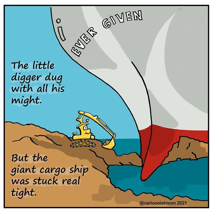 Comic panel showing a small digger trying to free a giant cargo ship stuck in a narrow water passage, capturing awkward moments.