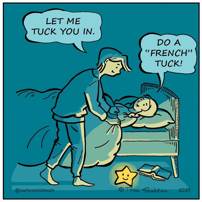 Parent tucking child into bed in a comic illustrating life’s weird, awkward, and hilarious moments by artist.