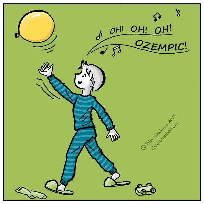 Comic illustration of a person in pajamas playing with a balloon, capturing life's weird and awkward moments.