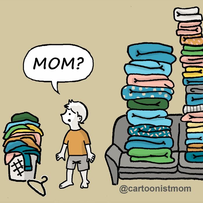 Comic illustration showing a child asking mom amid huge stacks of folded laundry, capturing life's awkward and hilarious moments.