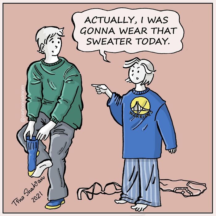 Comic illustration showing two people in sweaters capturing life’s weird, awkward, and hilarious moments with humor and relatable dialogue.