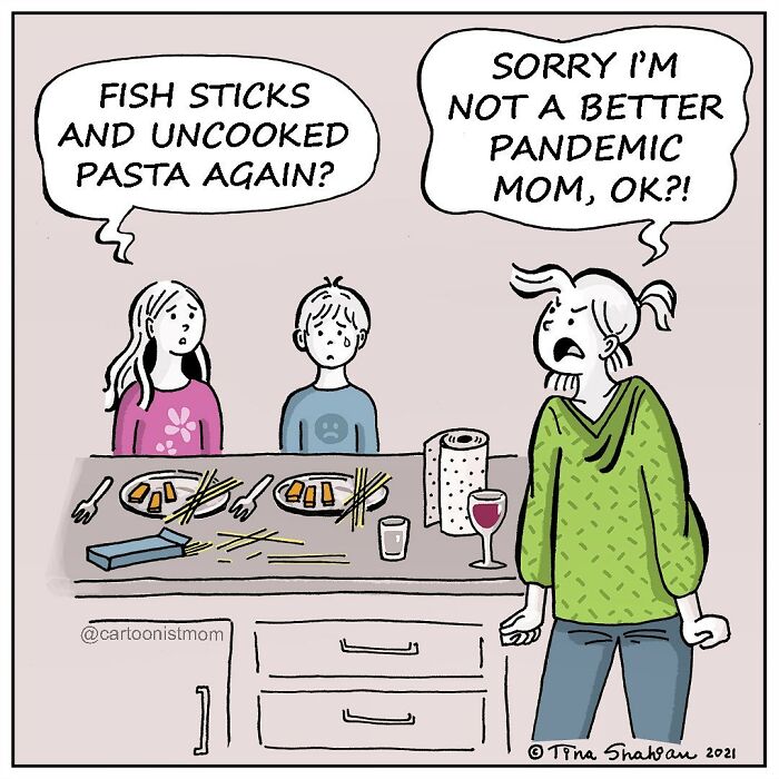 Mom frustrated serving uncooked pasta and fish sticks to kids, comic capturing life’s weird and awkward pandemic moments.