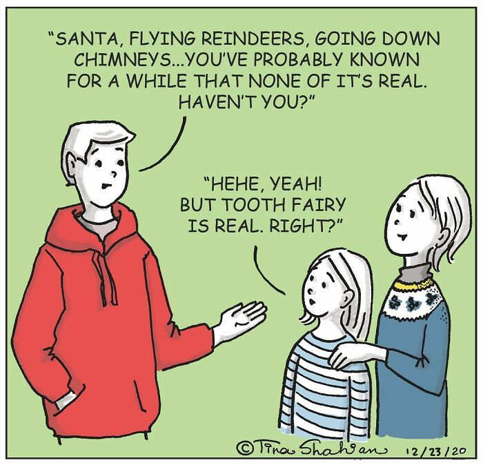Comic panel showing a humorous conversation about Santa and the Tooth Fairy, capturing life’s awkward and hilarious moments.