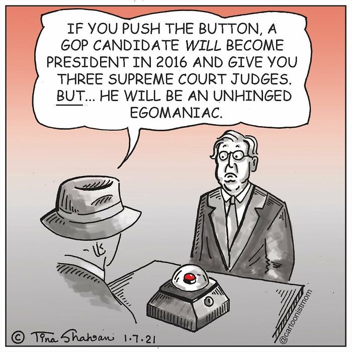 Comic showing two men discussing the consequences of pushing a button, capturing life’s weird and awkward moments.