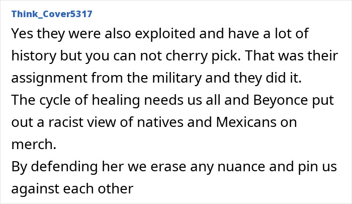 Comment criticizing Beyonc&eacute; for wearing offensive merch on the Cowboy Carter Tour, discussing tone deaf fan reactions.