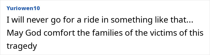 User comment expressing fear of riding hot air balloons and offering condolences to families affected by the burning hot air balloon tragedy in Brazil. User comment expressing fear of riding hot air balloons and offering condolences to families affected by the burning hot air balloon tragedy in Brazil.
