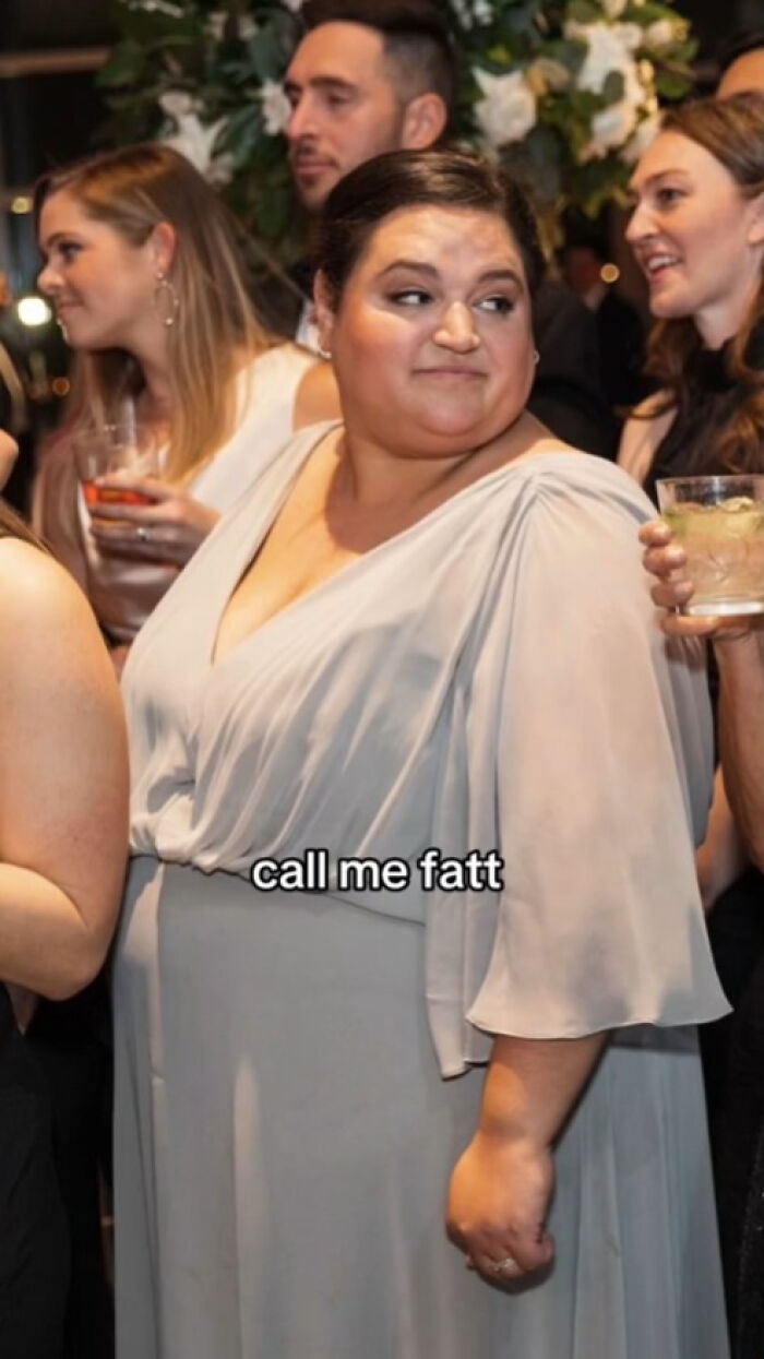 Woman at social event before weight loss using Ozempic, surrounded by people holding drinks, text overlay call me fatt. Woman at social event before weight loss using Ozempic, surrounded by people holding drinks, text overlay call me fatt.
