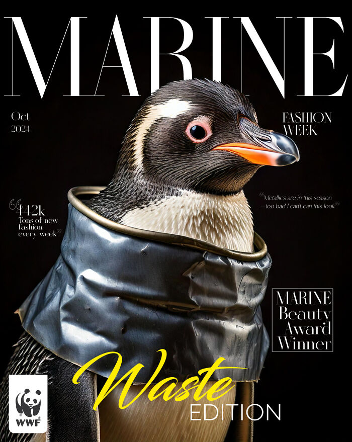Penguin trapped in plastic waste on a marine fashion week cover, highlighting powerful WWF ads against pollution.