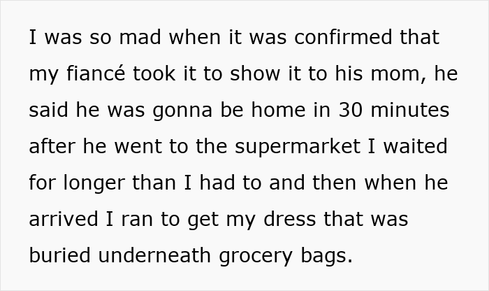 Text about woman frustrated after her wedding dress was ruined by mother-in-law who insisted on trying it on.