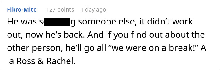 Comment about man disappearing, returning upset after partner adopted a dog despite his allergies causing conflict.