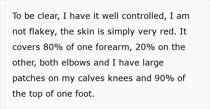 Text describing psoriasis coverage on arms, elbows, calves, knees, and foot detailing severity and control.