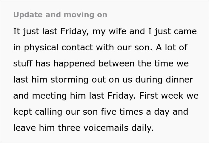 Screenshot of a personal update about parents reconnecting with their son after years of neglect and emotional conflict.