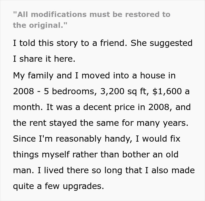 Text excerpt showing a personal story about a landlord, house upgrades, and complying with court decisions.