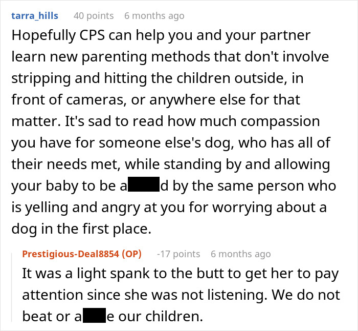 Online discussion about a Karen calling animal control over a neglected dog and retaliation involving CPS concerns.