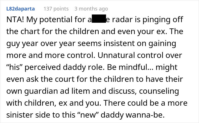 Comment discussing a dad active in kids&rsquo; life feeling pushed out by ex&rsquo;s new husband trying to gain control.