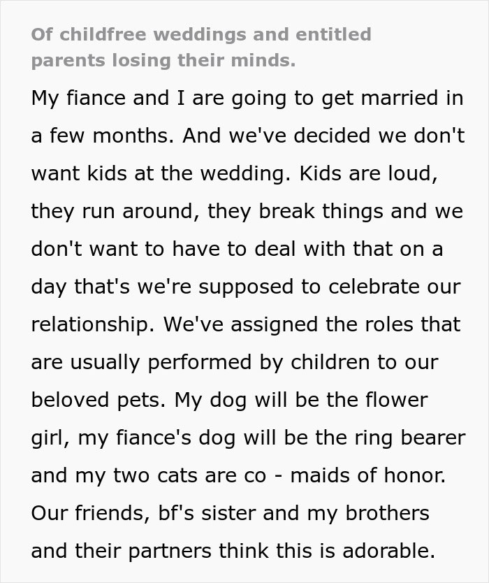 Bride replaces kids with pets at wedding, assigning dogs and cats roles, causing parents to freak out over childfree celebration.