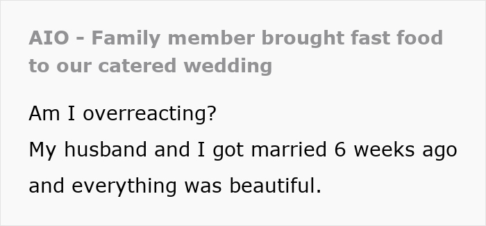 Bride spends months planning elegant wedding disrupted by rude aunt bringing fast-food wrappers and grease to event.