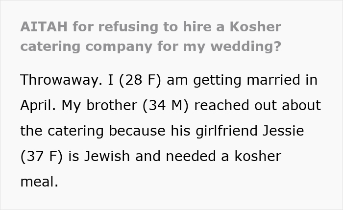 Text post discussing a brother expecting sister to pay $3,500 for kosher wedding meals for his girlfriend.