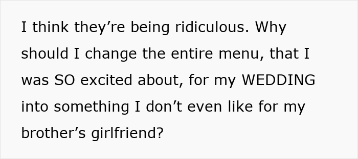 Text excerpt about an entitled brother disputing kosher wedding meal costs for his girlfriend of four months.