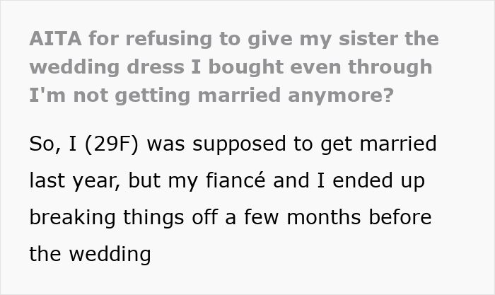 Text excerpt about a woman facing wedding dress sisters drama after breaking off her wedding plans.