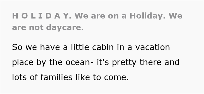 Text excerpt from a cabin owner explaining free babysitters are not daycare, targeting renters with neighbors as babysitters.
