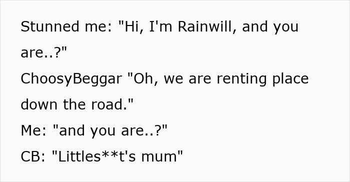 Alt text: Conversation between a woman and clueless neighbors about renting a cabin with free babysitters nearby.