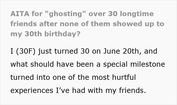 Text excerpt about a 30-year-old woman feeling hurt by longtime friends after none attended her birthday.