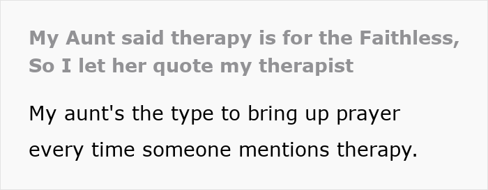 Text snippet showing a Christian woman skeptical about therapy while her niece uses it for help, discussing faith and mental health.