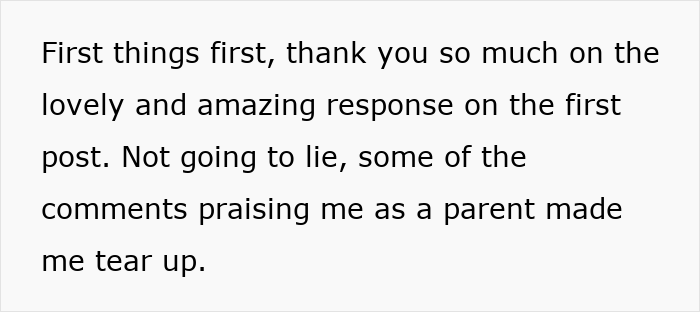 Text on a white background expressing gratitude for positive comments praising parenting that brought the writer to tears.