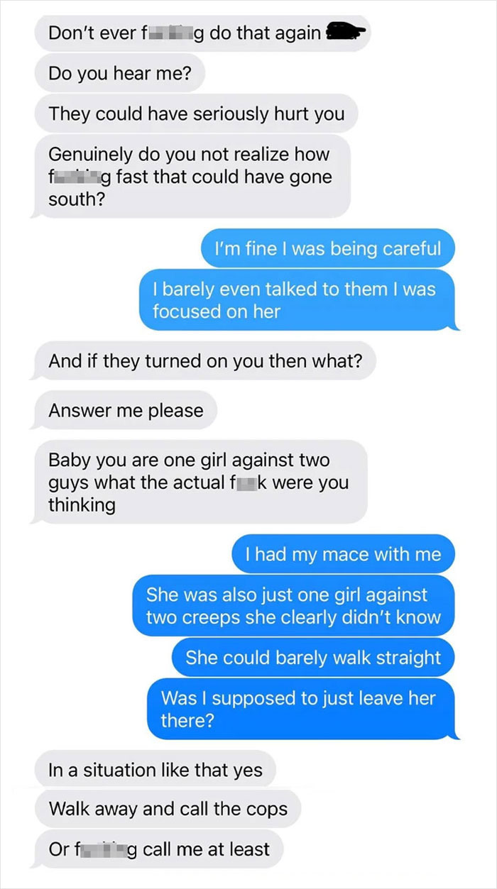 Text message exchange showing a guy confronting his girlfriend about two men trying to kidnap a drunk girl safety concern. Text message exchange showing a guy confronting his girlfriend about two men trying to kidnap a drunk girl safety concern.