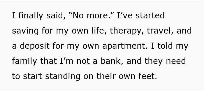 Text excerpt about teacher deciding to stop paying family bills, focusing on self-care and independence.