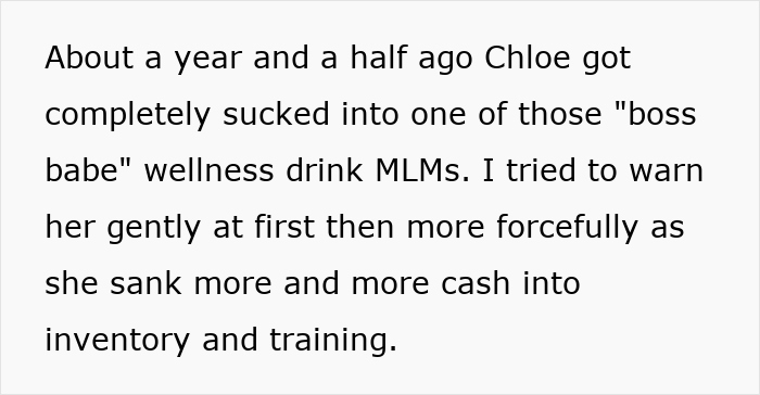 Text excerpt from a story describing drama after bride splurges her $25K savings and expects sister to fund wedding.