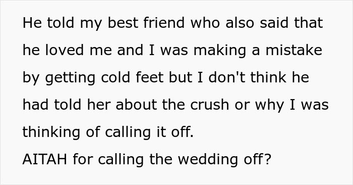 Text excerpt discussing a woman&rsquo;s fianc&eacute; having a crush on her best friend and calling off the wedding.