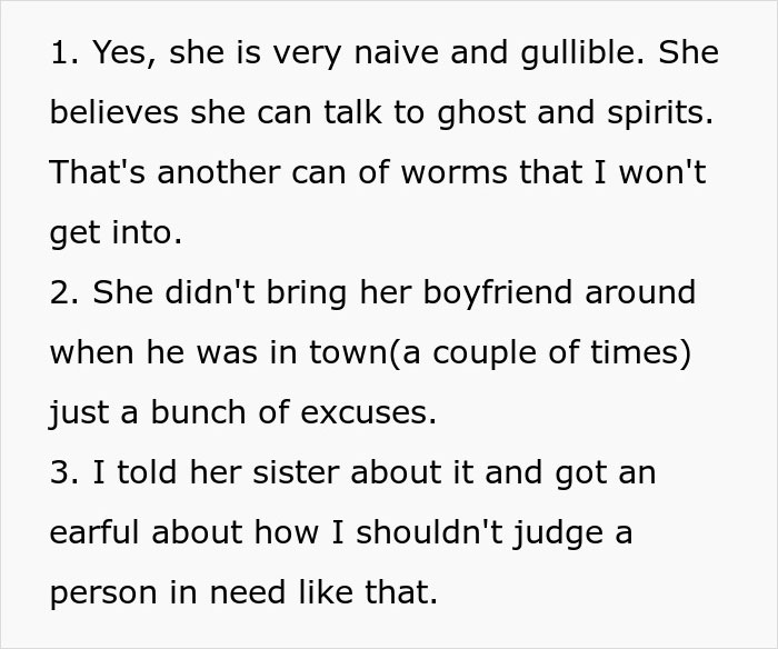 Text discussing a woman’s naivety and excuses hinting at a romance scam, with failed warnings to her sister. Text discussing a woman’s naivety and excuses hinting at a romance scam, with failed warnings to her sister.