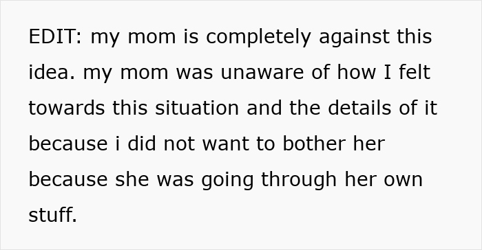 Text message discussing a mom unaware of feelings about a situation involving sister force senior year sibling babysit.