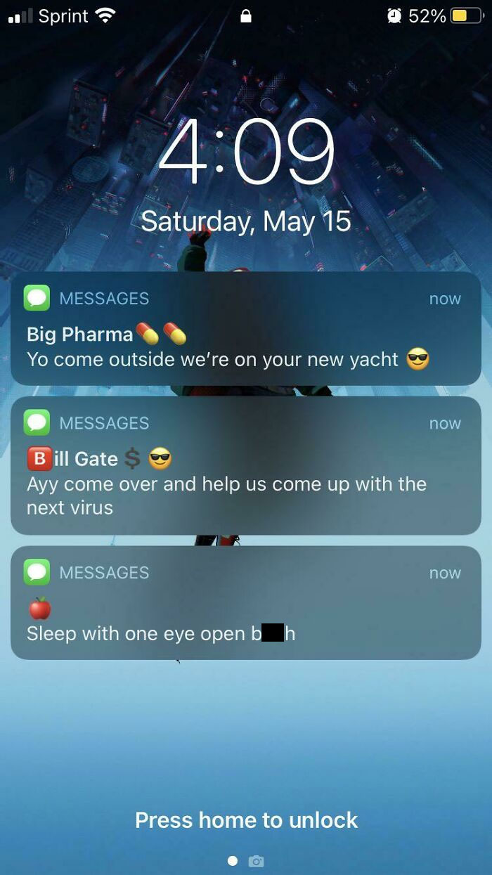 Phone lock screen showing humorous text messages referencing big pharma and viruses, related to medical school memes.