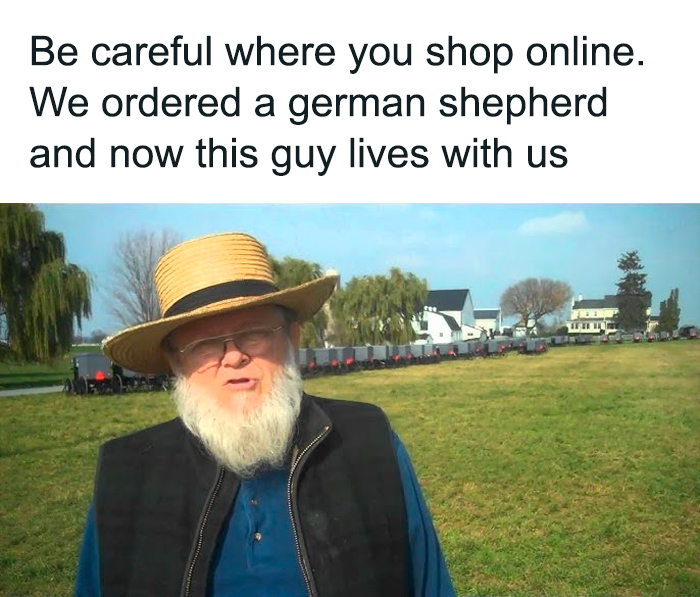 Sarcasm meme about ordering a German shepherd online and unexpectedly getting a man living with them outdoors.