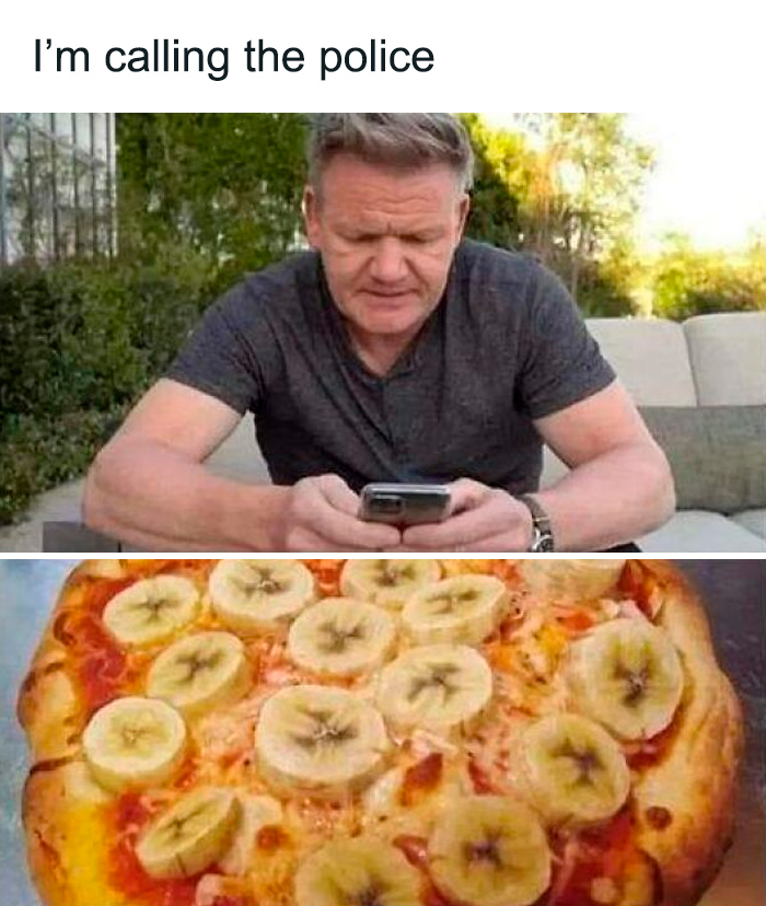 Man texting on phone with sarcastic caption, below a close-up of a pizza topped with banana slices.