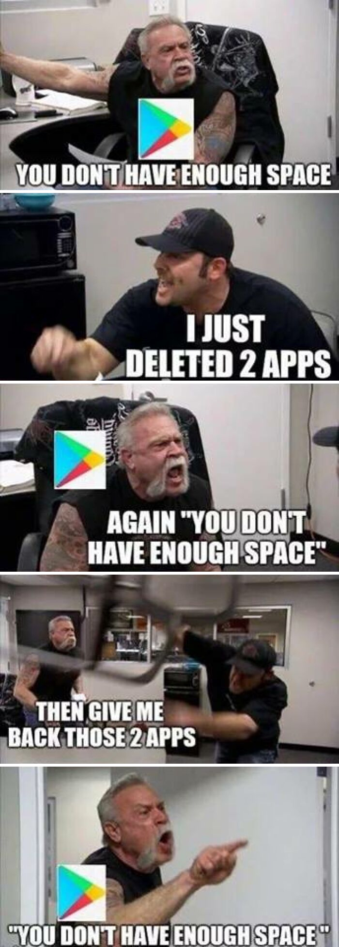 Man arguing with another person about phone storage space with Google Play Store logo in a sarcastic meme format.