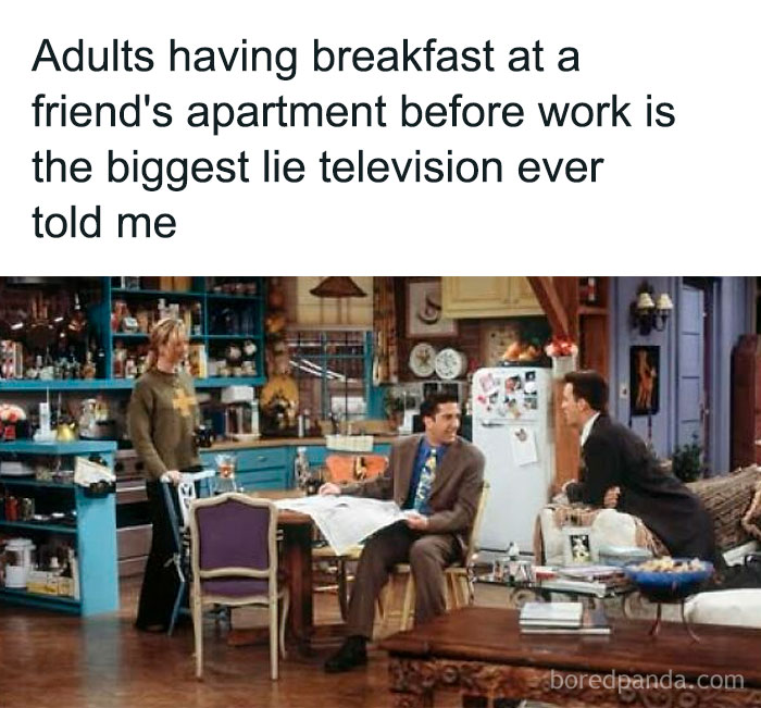 Friends in a kitchen scene meme reflecting nostalgia for the good old days and classic TV moments