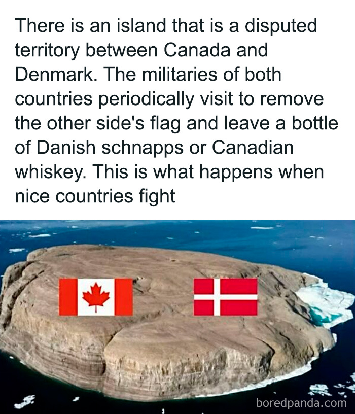 Disputed island between Canada and Denmark where flags are swapped and schnapps or whiskey is exchanged in friendly battles.