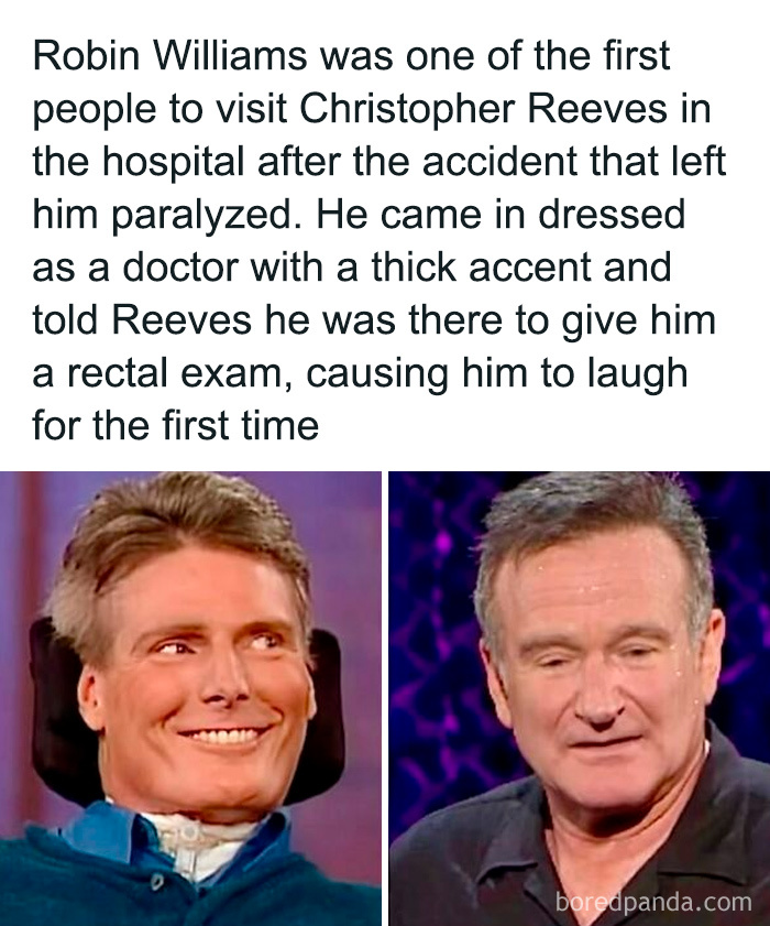 Hospital visit secret facts with Robin Williams dressed as a doctor making Christopher Reeves laugh for the first time.