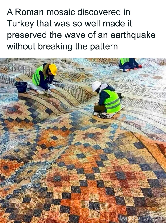 Roman mosaic in Turkey preserving earthquake wave patterns, showcasing secret facts of ancient craftsmanship and resilience.