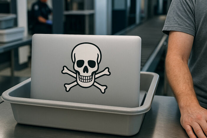 Laptop with skull and crossbones sticker placed in airport security tray during screening process.