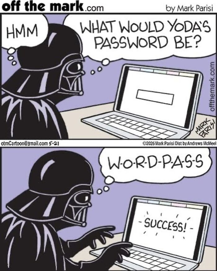 Darth Vader humorously guessing Yoda's password in an off the mark comic by Mark Parisi.
