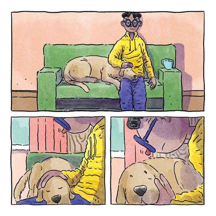 Wordless comic panels showing life with a dog, featuring a person petting and sitting with their dog on a green couch.
