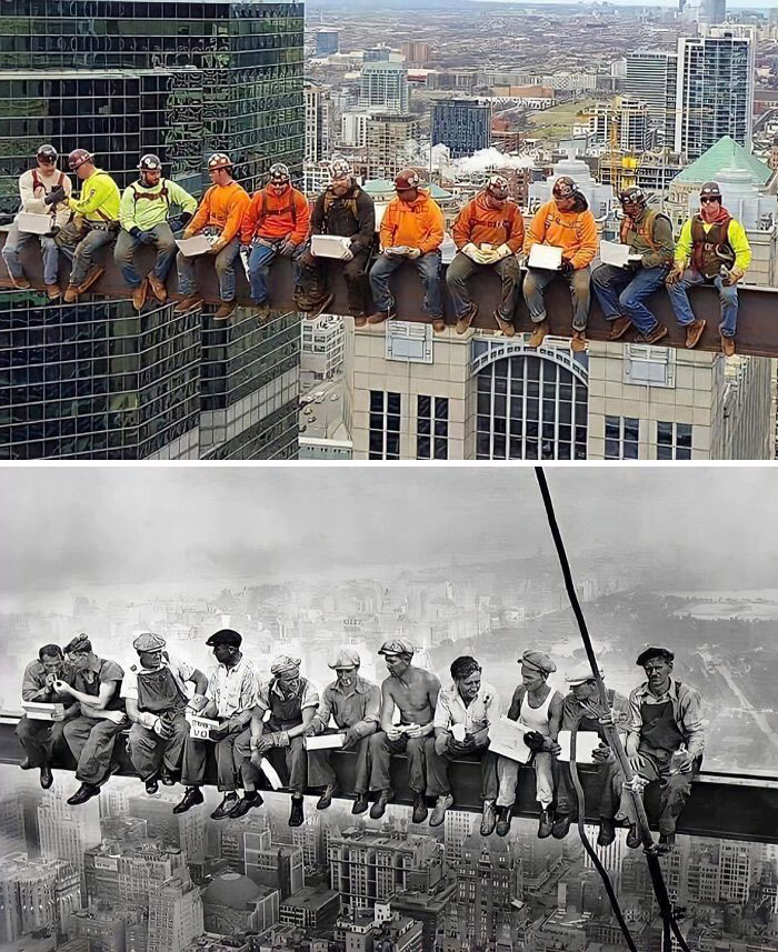 Group of men doing dumb things sitting on a steel beam high above the city during construction work.