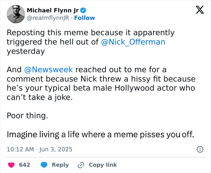 Tweet by Michael Flynn Jr. about Nick Offerman's reaction to an anti-Pride Parks and Rec post, sparking online debate. Tweet by Michael Flynn Jr. about Nick Offerman's reaction to an anti-Pride Parks and Rec post, sparking online debate.