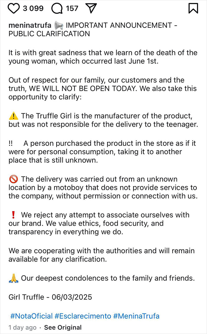 Instagram post from Girl Truffle clarifying their non-involvement in teen&rsquo;s death after eating cake with handwritten note.