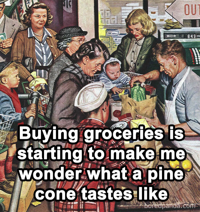 Vintage grocery store scene with a humorous caption, part of hilarious classical art memes collection.